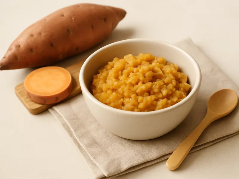 Verse zoete aardappel, heel en klaargemaakt voor een baby