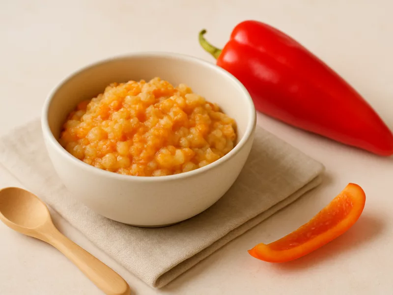 Verse zoete puntpaprika, heel en klaargemaakt voor een baby