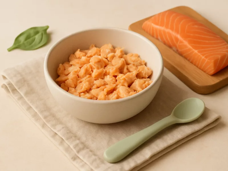 Verse zalm, heel en klaargemaakt voor een baby