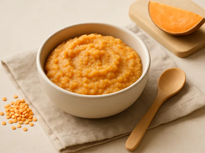 Kom rode linzen recept baby met zoete aardappel en wortel, geschikt vanaf 6 maanden