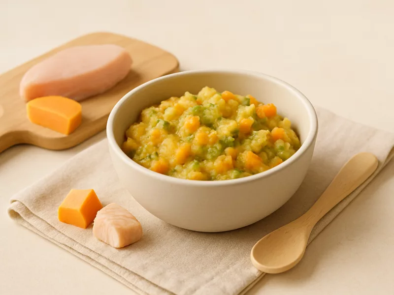 Kom avondeten baby 10 maanden: kip met zoete aardappel en broccoli, geschikt vanaf 10 maanden