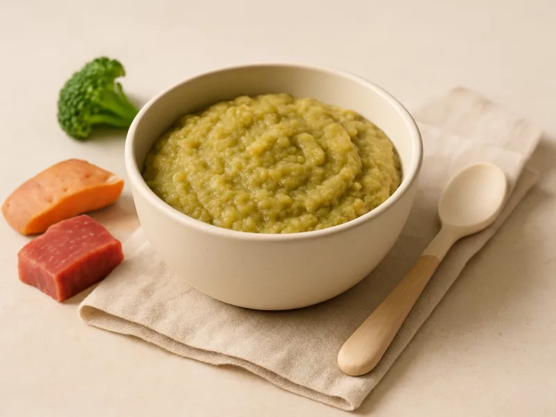 Kom ijzerrijk hapje baby 6 maanden met rundvlees en broccoli, geschikt vanaf 6 maanden