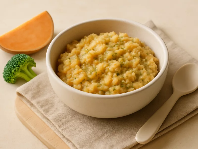 Kom lunch baby 9 maanden: zoete aardappel met broccoli en kip, geschikt vanaf 9 maanden