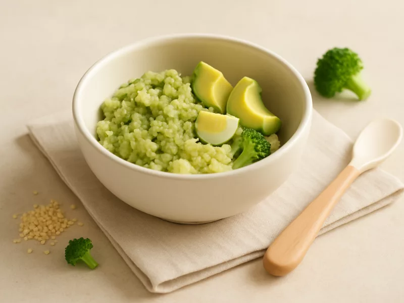 Kom broccoli-couscouslunch met ei en avocado, geschikt vanaf 10 maanden