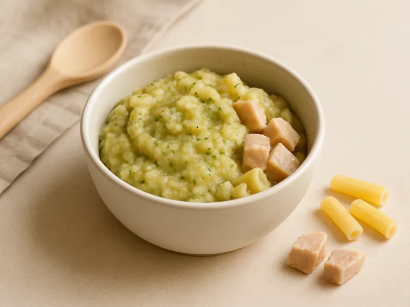 Kom peuter avondeten met pasta, kalkoen en courgette, geschikt vanaf 12 maanden
