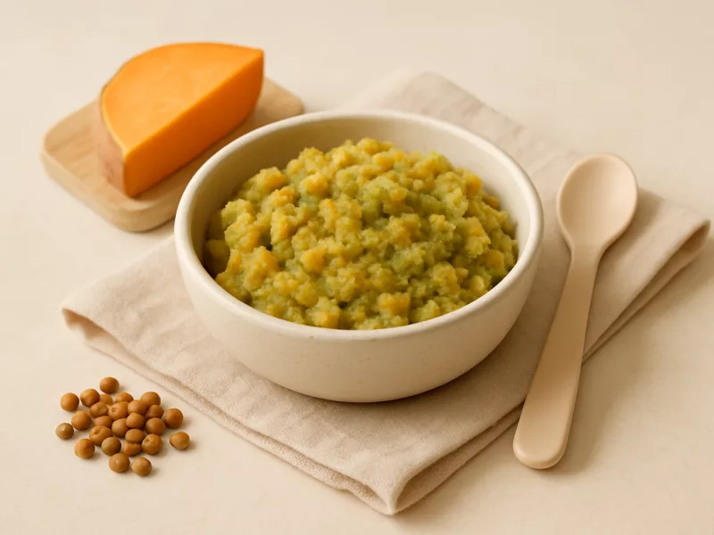 Kom vegetarisch babyhapje met bruine linzen en broccoli, geschikt vanaf 8 maanden