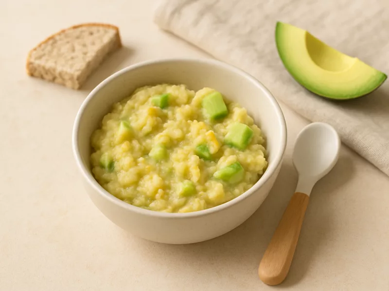 Kom peuterlunch met avocado, ei en brood, geschikt vanaf 12 maanden