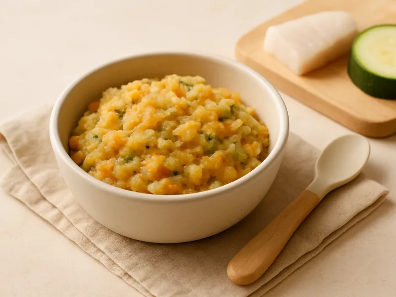 Kom kabeljauw met courgette en zoete aardappel, geschikt vanaf 7 maanden