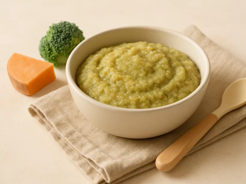 Kom babyhapje met 3 ingrediënten: zoete aardappel, broccoli en courgette, geschikt vanaf 6 maanden