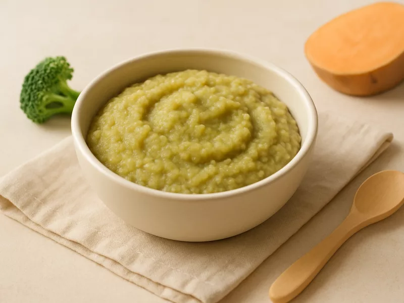Kom broccolipuree baby 6 maanden met zoete aardappel en peer, geschikt vanaf 6 maanden