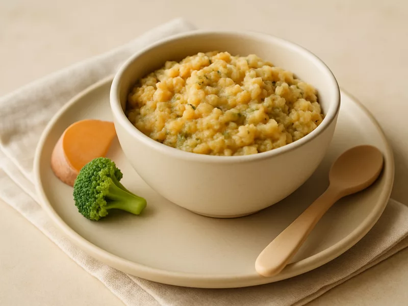 Kom avondeten baby 8 maanden met kip, broccoli en zoete aardappel, geschikt vanaf 8 maanden