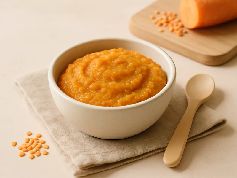 Kom rode linzen recept baby met wortel en zoete aardappel, geschikt vanaf 6 maanden