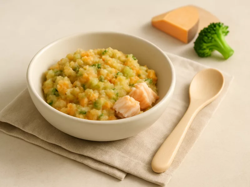 Kom avondeten baby 10 maanden met zalm, broccoli en zoete aardappel, geschikt vanaf 10 maanden