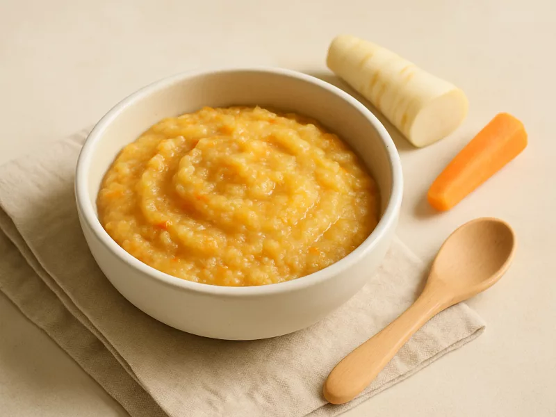 Kom eerste hapje pastinaakpuree met wortel en peer, geschikt vanaf 4 maanden