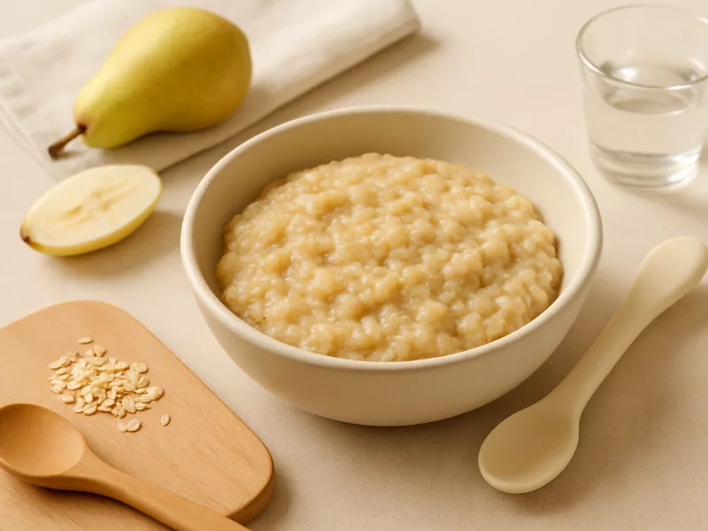 Kom havermout met peer, banaan en yoghurt, geschikt vanaf 9 maanden