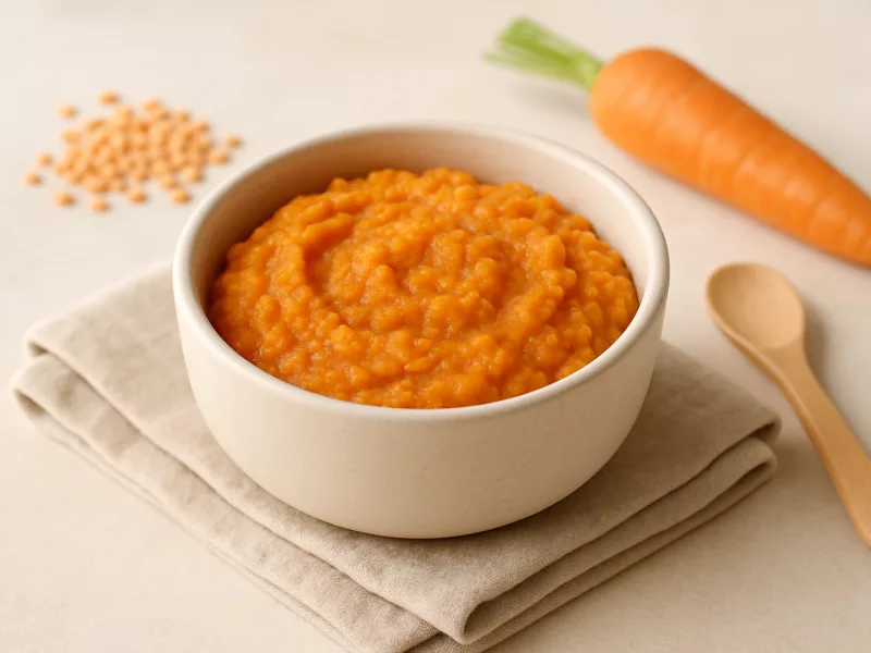Kom rode linzenpuree met wortel en zoete aardappel, geschikt vanaf 6 maanden