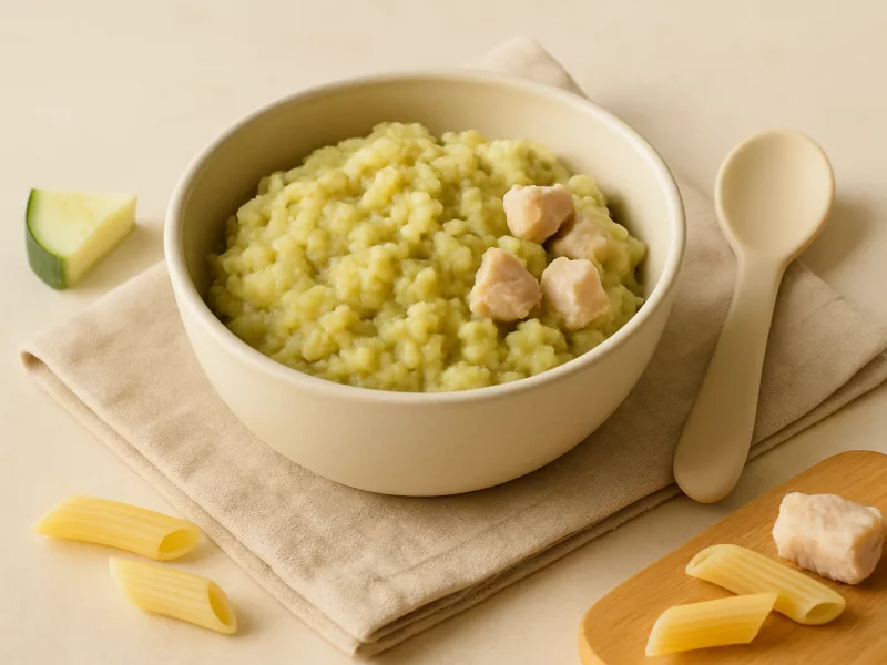 Kom avondeten baby 10 maanden: pasta met kip en courgette, geschikt vanaf 10 maanden