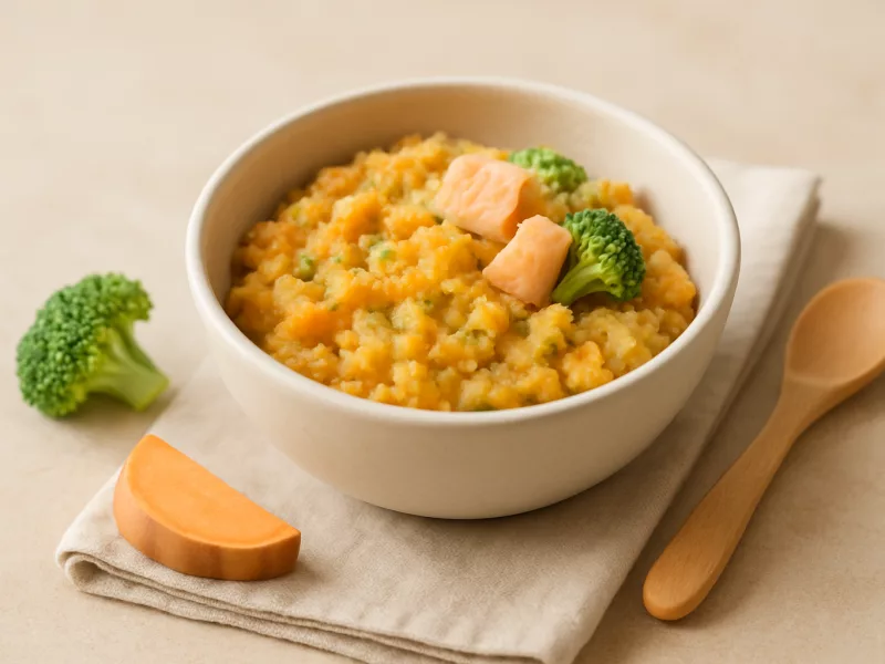 Kom zoete aardappel met broccoli en zalm, geschikt vanaf 10 maanden