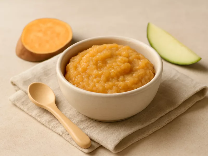 Kom zoete aardappelpuree baby met peer en courgette, geschikt vanaf 4 maanden