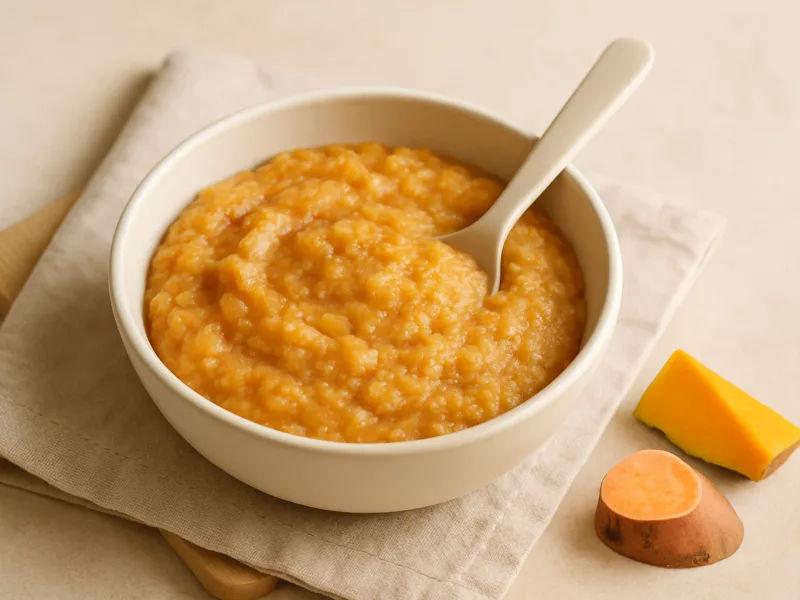 Kom zoete aardappelpuree baby met peer en pompoen, geschikt vanaf 4 maanden
