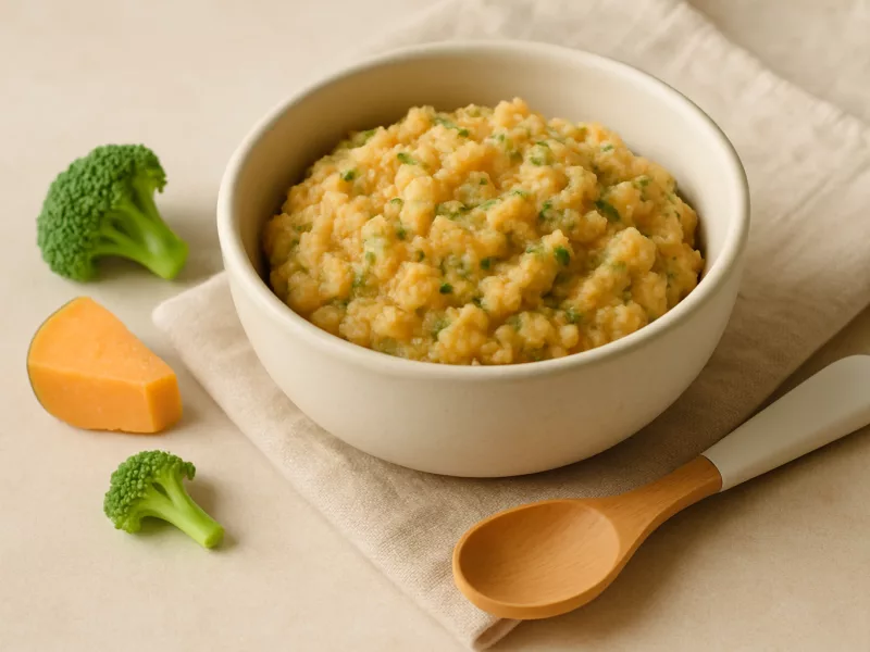Kom geprakte zoete aardappel met broccoli en kip, geschikt vanaf 9 maanden