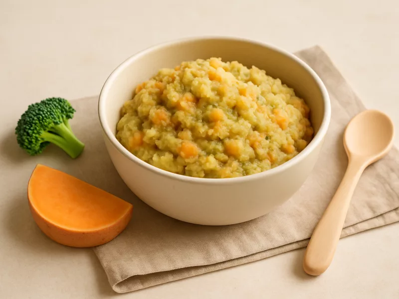 Kom zoete aardappel met broccoli en kip, geschikt vanaf 9 maanden