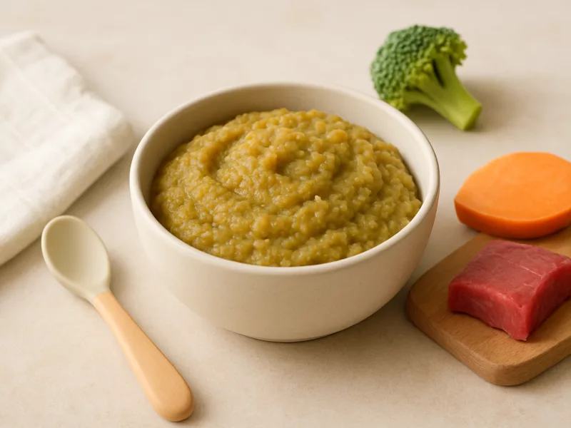 Kom ijzerrijke rundvleespuree met broccoli en zoete aardappel, geschikt vanaf 6 maanden