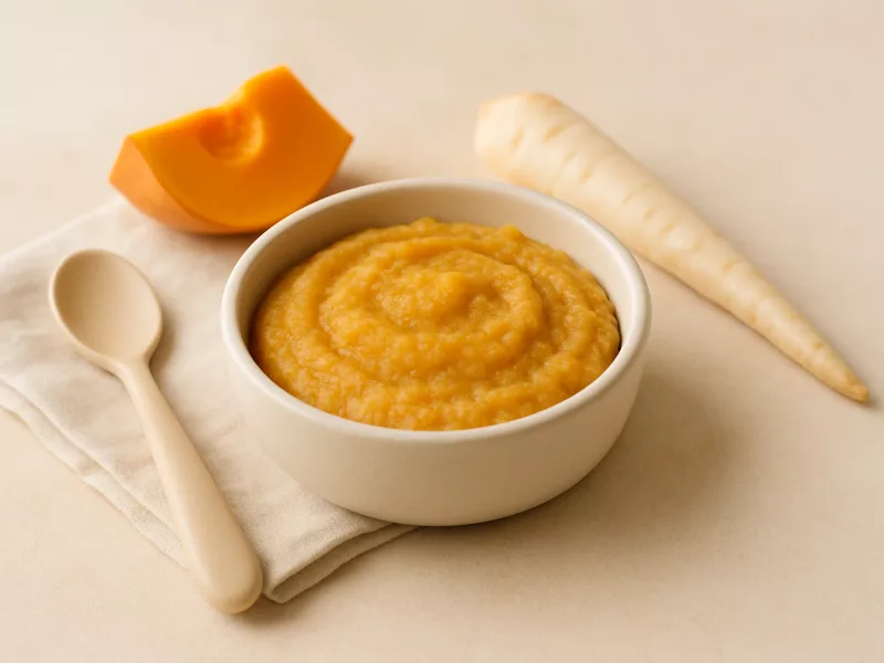 Kom pompoenpuree baby recept met peer en pastinaak, geschikt vanaf 4 maanden