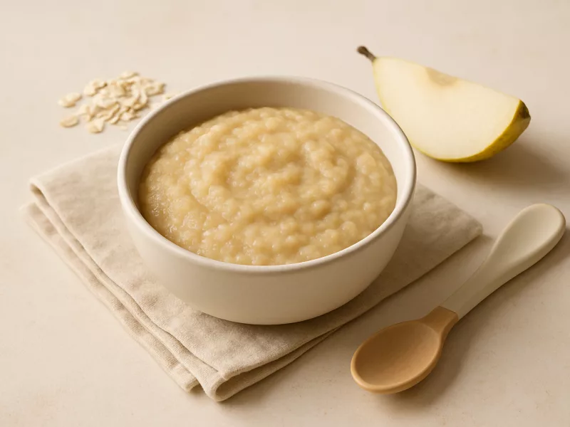Kom havermoutpap met peer en banaan voor baby van 6 maanden, geschikt vanaf 6 maanden