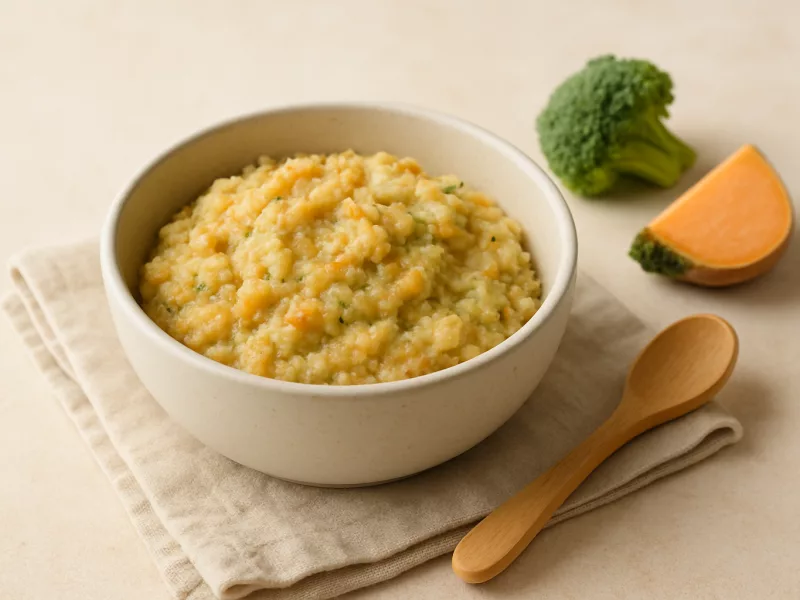 Kom lunch baby 8 maanden: zoete aardappel met broccoli en zalm, geschikt vanaf 8 maanden