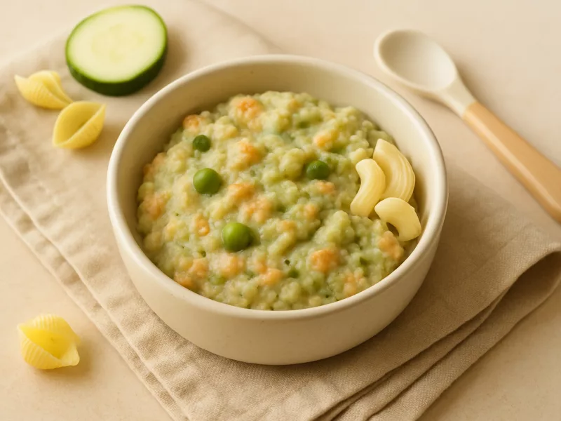 Kom gezinsmaaltijd met baby: pasta met zalm, courgette en doperwten, geschikt vanaf 12 maanden