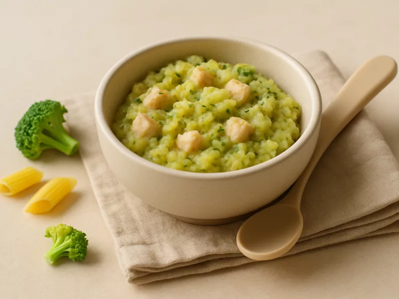 Kom pasta met broccoli, kip en avocado, geschikt vanaf 10 maanden