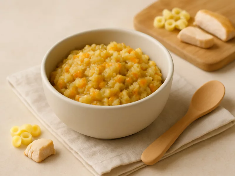 Kom gezinsmaaltijd met baby: pasta met kip en groente, geschikt vanaf 12 maanden