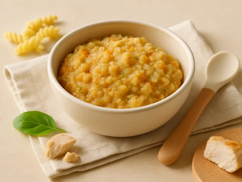 Kom gezinsmaaltijd met pasta, kip en groenten, geschikt vanaf 12 maanden