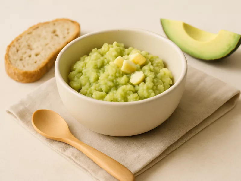 Kom brood met avocado en ei, geschikt vanaf 10 maanden