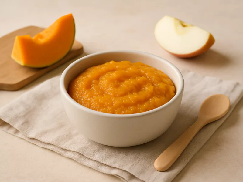 Kom mango-appelmoes met pompoen en wortel voor baby, geschikt vanaf 4 maanden