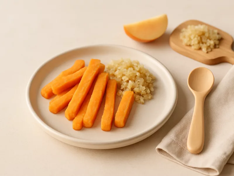 Kom zoete aardappel reepjes baby met quinoa en appel, geschikt vanaf 6 maanden