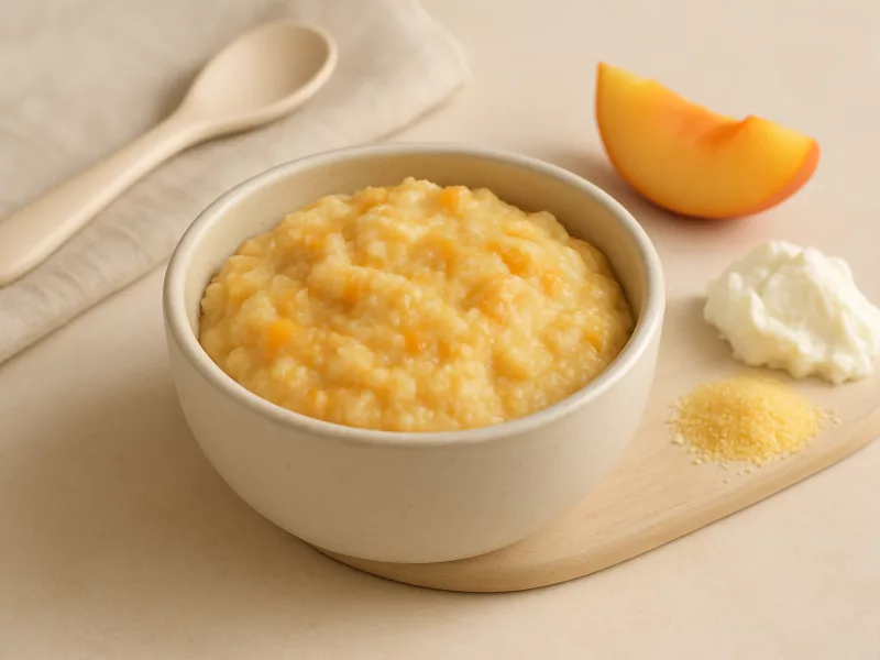 Kom ontbijt baby 8 maanden: ovenschotel met kwark, perzik en polenta, geschikt vanaf 8 maanden