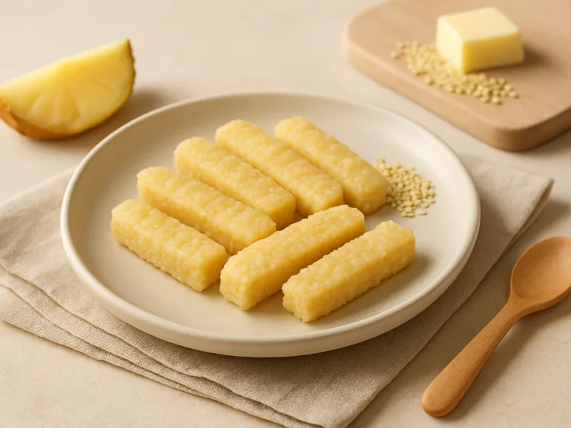 Kom vingerhapjes baby 8 maanden: zachte ananas-gierstreepjes, geschikt vanaf 8 maanden