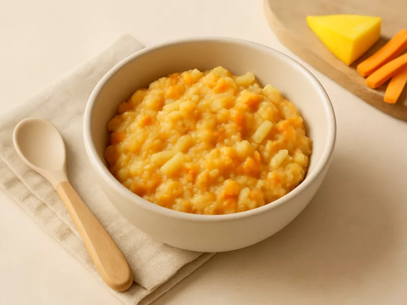 Kom ovenschotel met mango, wortel, rode linzen en pasta, geschikt vanaf 11 maanden