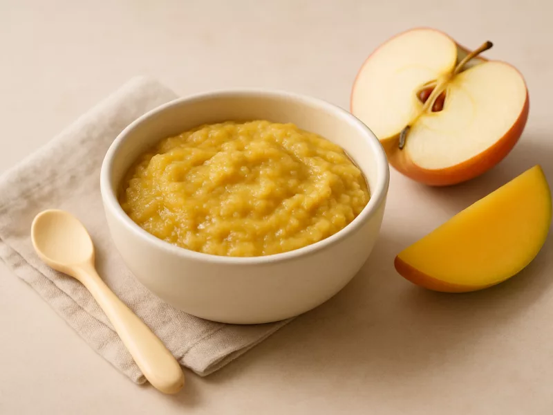 Kom romige mango-appelmoes met avocado voor baby, geschikt vanaf 4 maanden