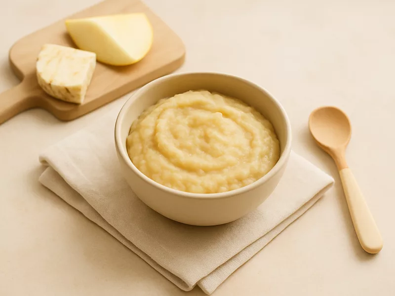 Kom ontbijt baby 6 maanden recept: knolselderij-appel lepelsoep met komijn, geschikt vanaf 6 maanden