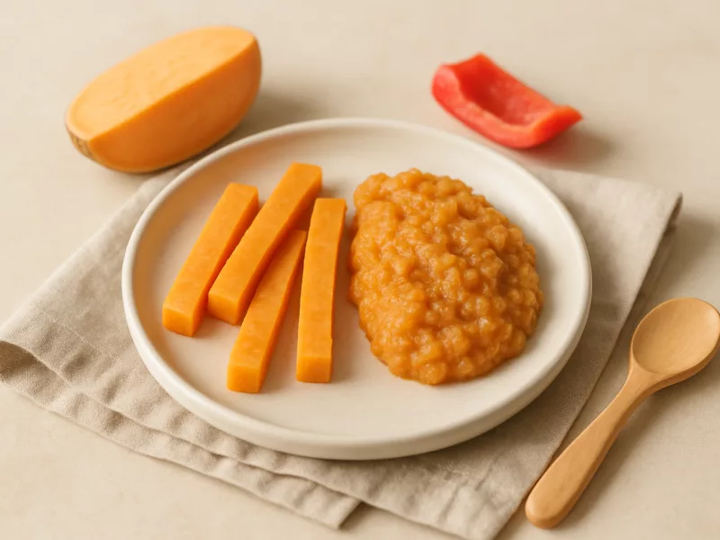 Kom zoete aardappel reepjes baby met paprika-perzikpap, geschikt vanaf 6 maanden