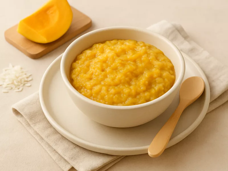 Kom rijstpap met pompoen, mango en kurkuma, geschikt vanaf 7 maanden
