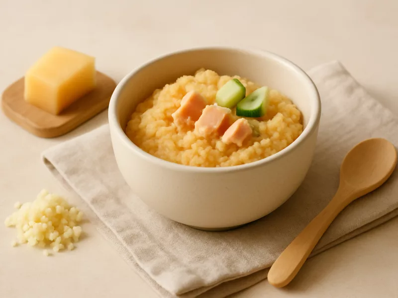 Kom meloen-couscous met zalm en komkommer, geschikt vanaf 11 maanden