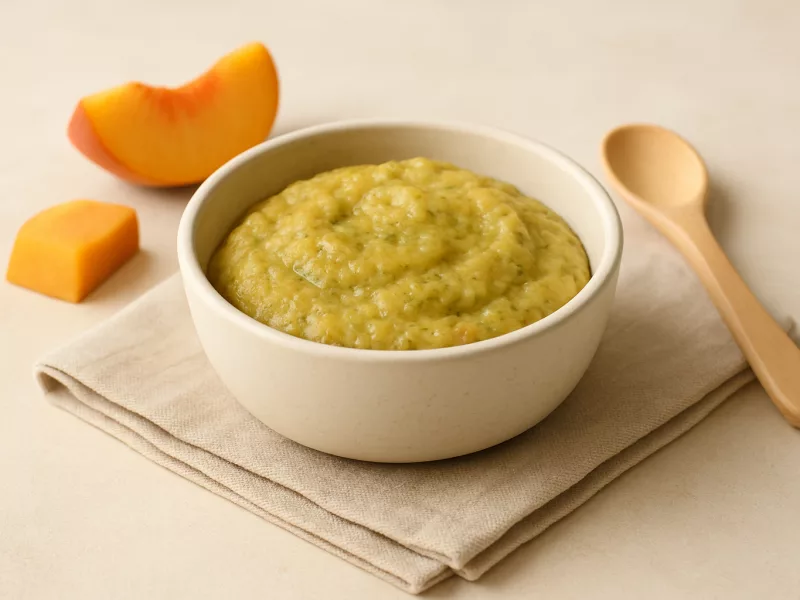Kom courgettepuree baby met perzik, pompoen en avocado, geschikt vanaf 4 maanden