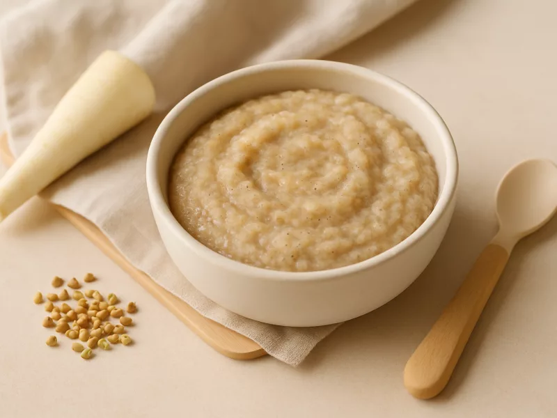 Kom ontbijt baby 6 maanden recept: boekweitpuree met banaan, pastinaak en kaneel, geschikt vanaf 6 maanden