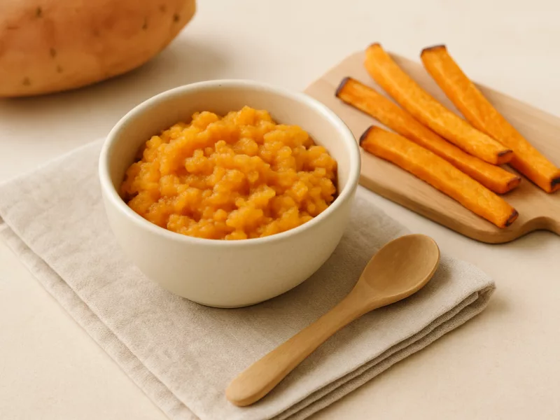 Verse zoete aardappelreepjes uit de oven, heel en klaargemaakt voor een baby