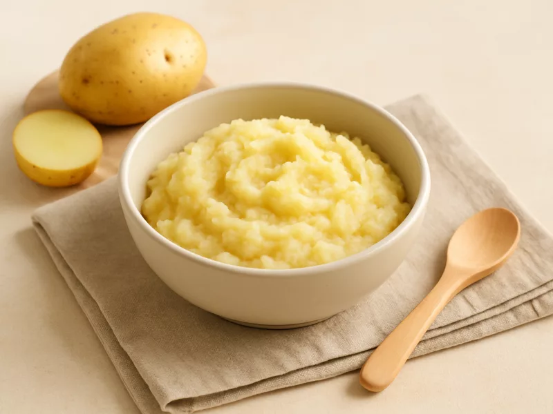 Verse aardappelpuree uit een pak, heel en klaargemaakt voor een baby
