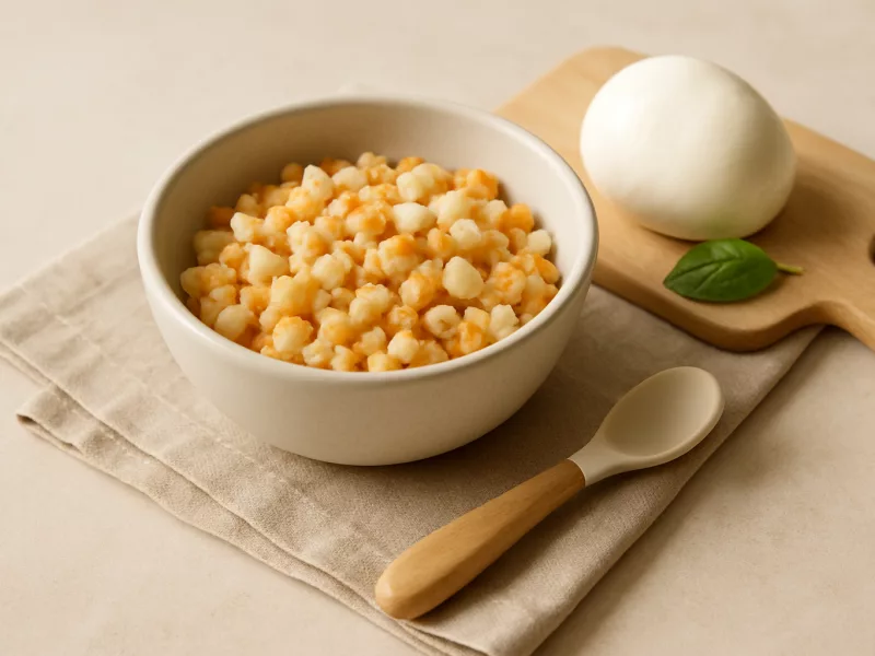 Verse mozzarella, heel en klaargemaakt voor een baby